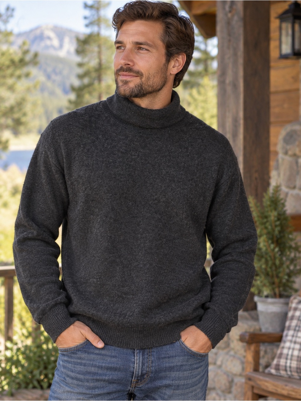 United Colors Of Benetton Men's Dark Charcoal Turtleneck Sweater Lambswool